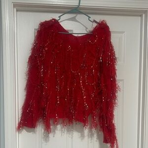 SHEIN Red Feathered Fringe Scoop Neck Sweater